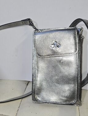 Patricia NASH Metallic Silver Crossbody Phone Pouch with Floral Accent